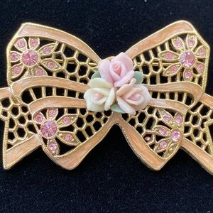 Vintage Filigree Bow Brooch‎ with Rhinestones Rose aw9
